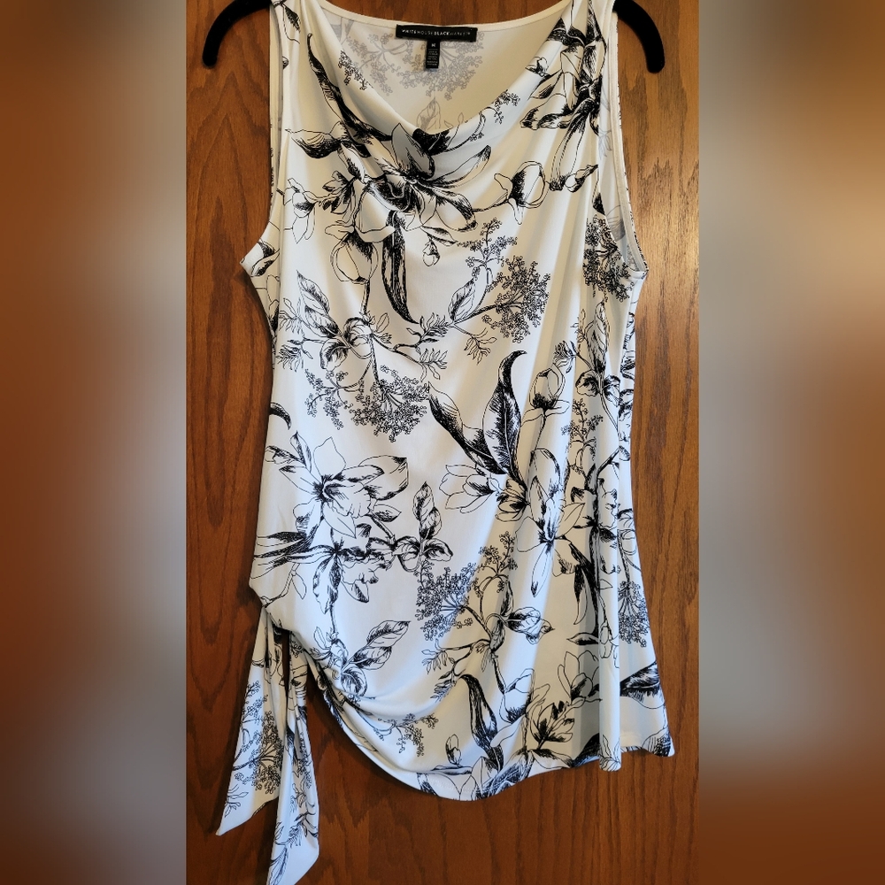 White House Black Market Black and White Cowel Neck Floral Tank Top